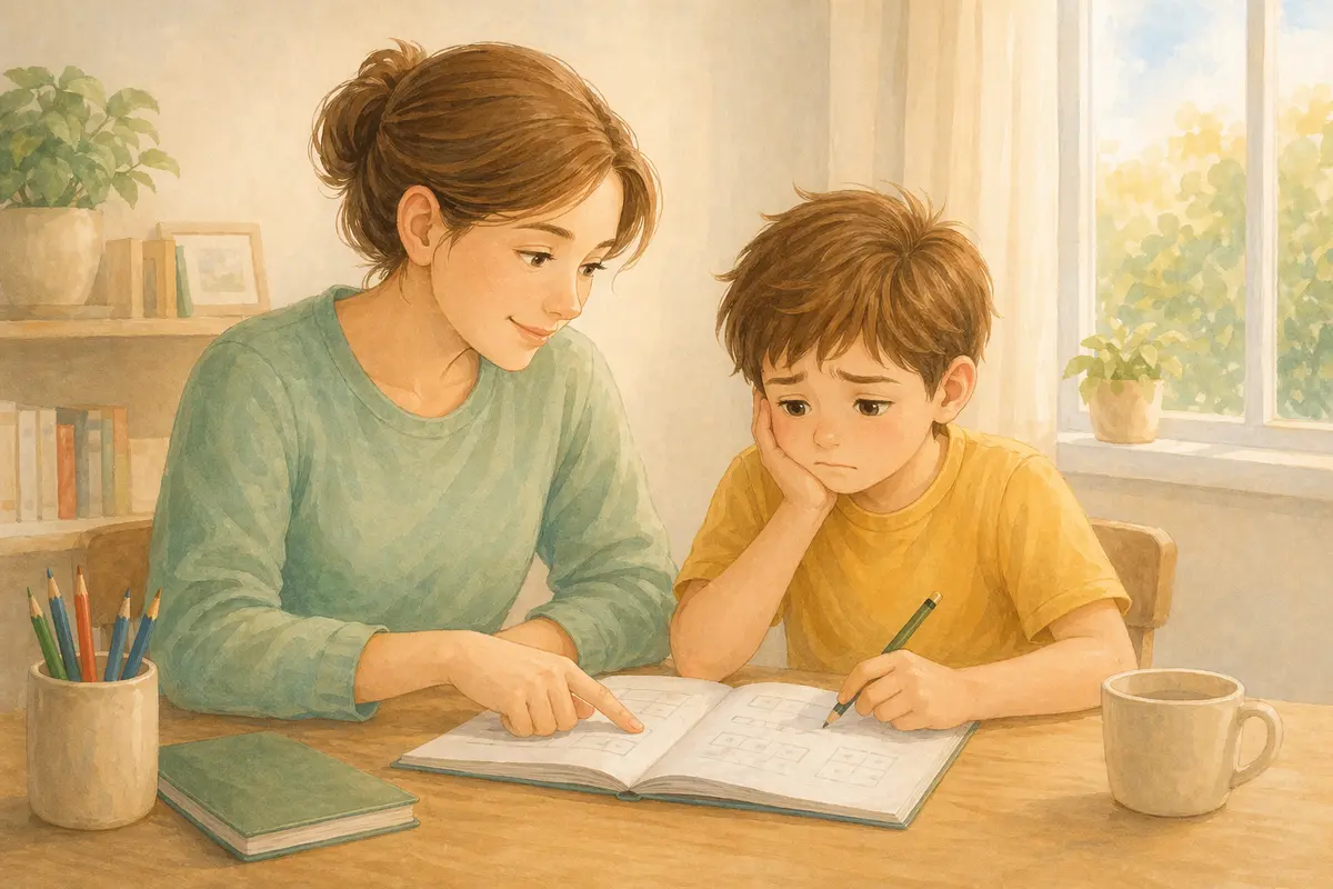 Parent supporting a child through a frustrating homework moment