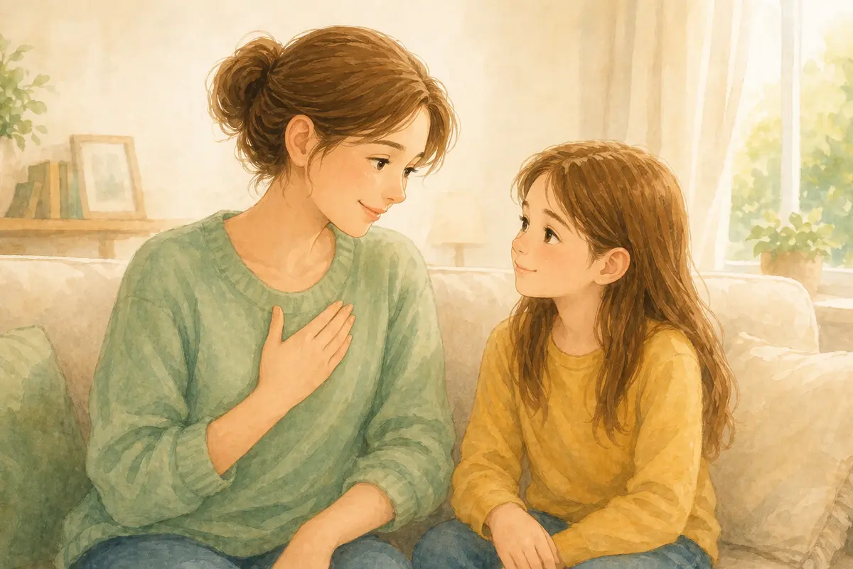 Parent and child reconnecting in a calm apology moment on a sofa at home