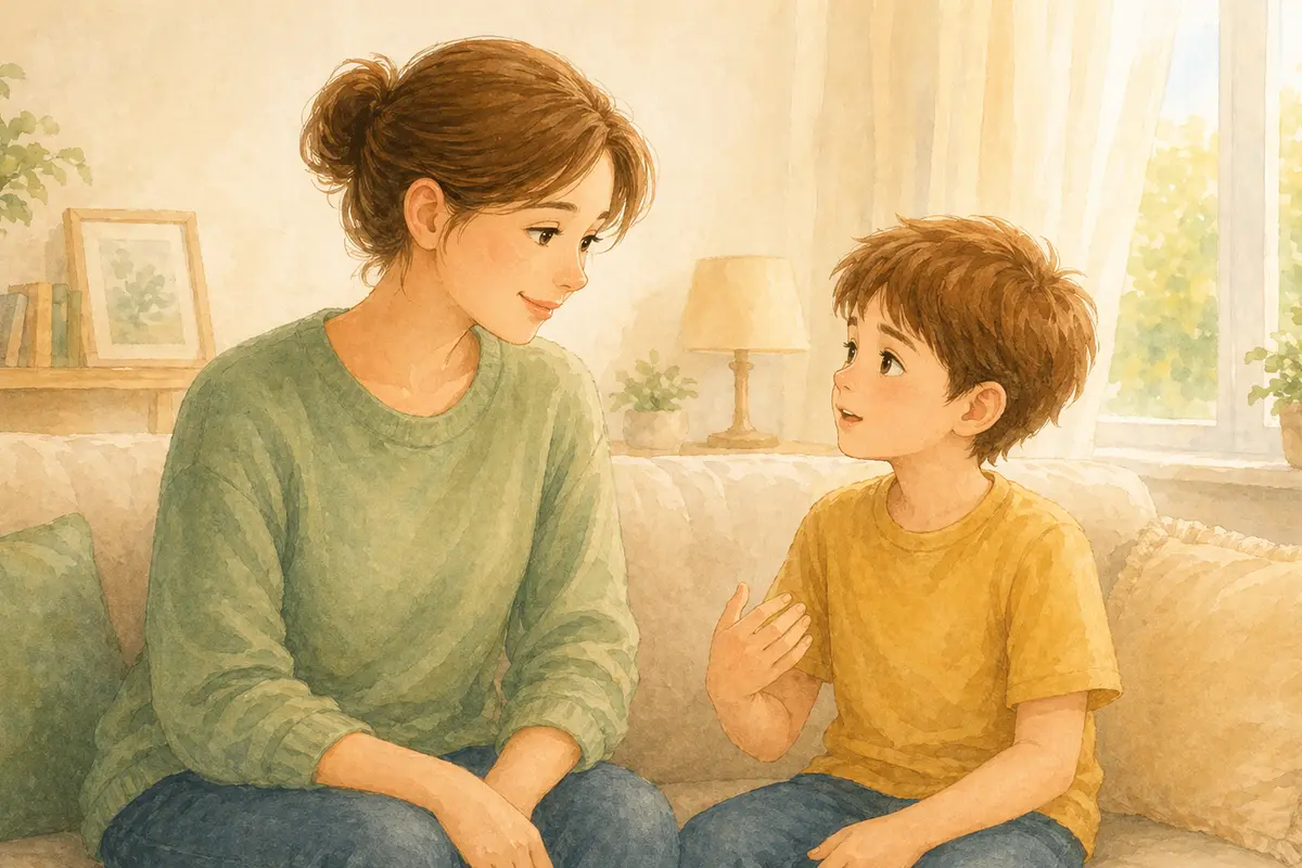 Parent listening closely while a child shares feelings during a calm conversation at home