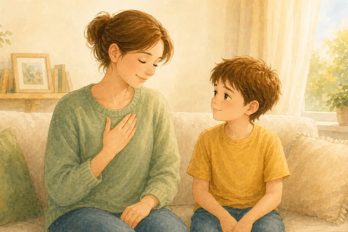 Parent pausing thoughtfully beside a child while choosing a calmer response at home