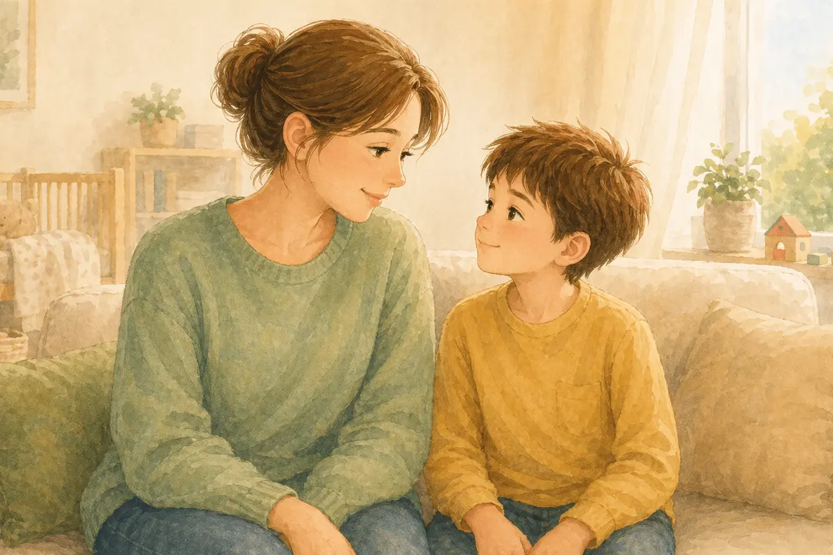 Parent spending warm one-on-one time with an older child while a younger sibling rests nearby