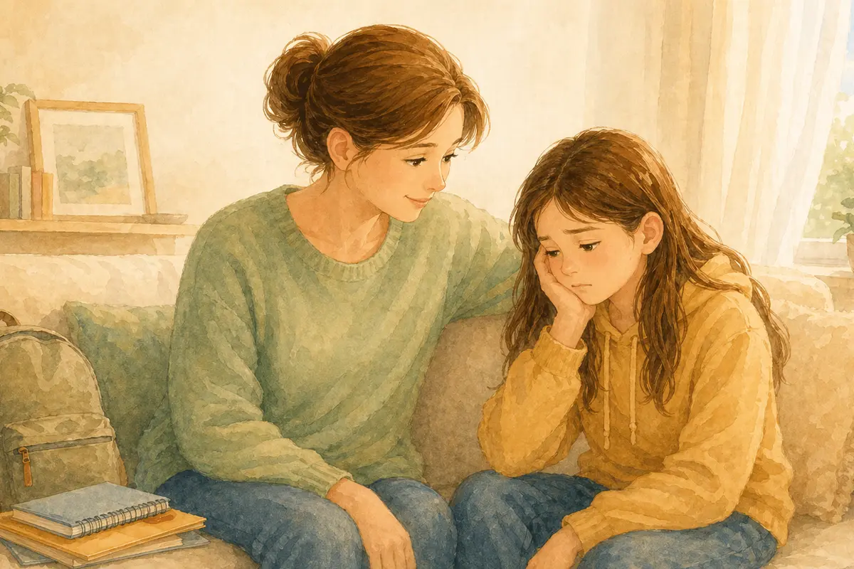 Parent sitting beside an overwhelmed child in a calm moment of reassurance at home
