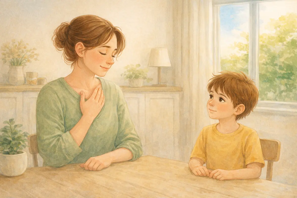 Parent pausing calmly before speaking with a child in a warm home setting