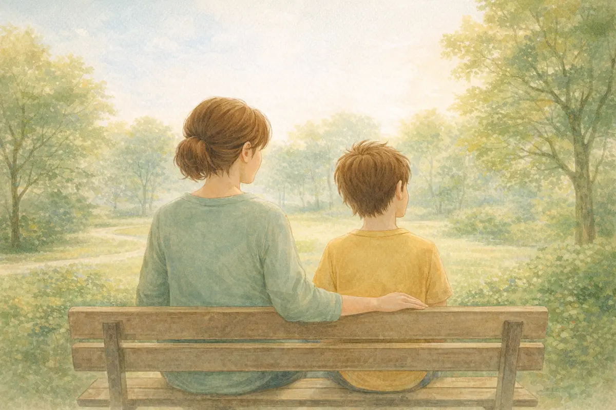 Parent and child walking side by side in a calm moment of reconnection