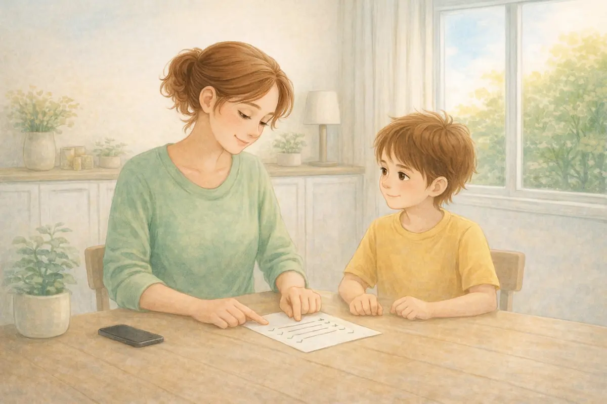 Parent and child creating a calm family agreement together at a kitchen table