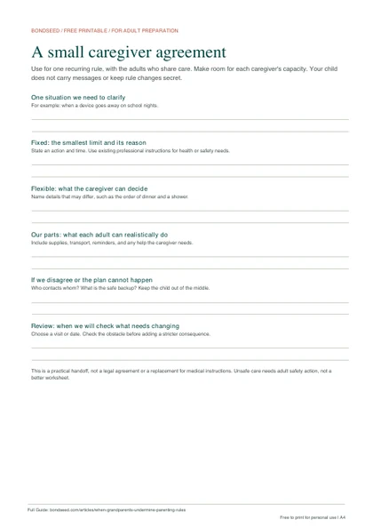 Preview of the one-page caregiver handoff agreement with spaces for a fixed limit, flexible details, and an adult contact plan