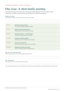 Preview of a one-page family meeting agenda with six short steps and space for a trial agreement